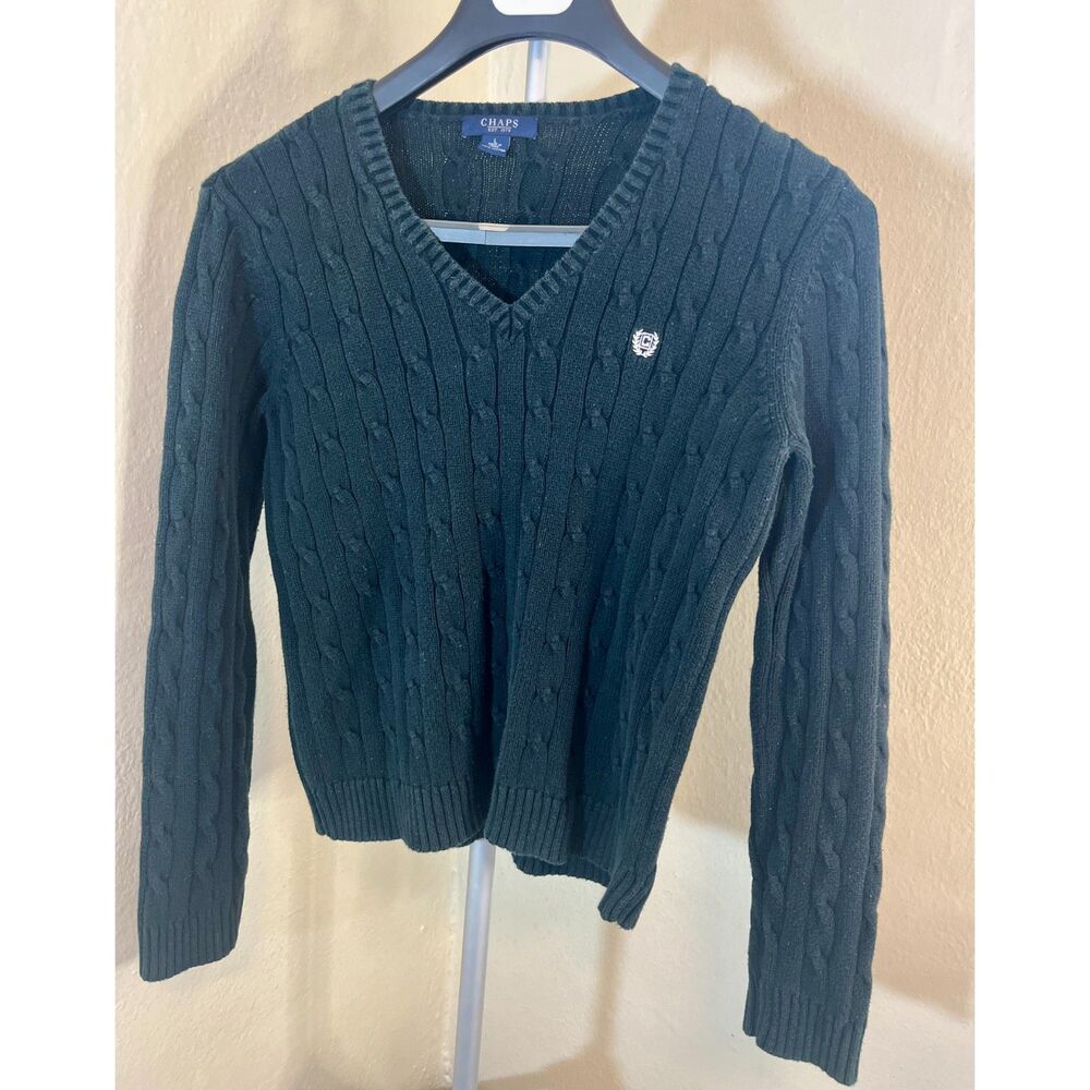 Chaps V-neck cable knit sweater in black Size L 100% Cotton